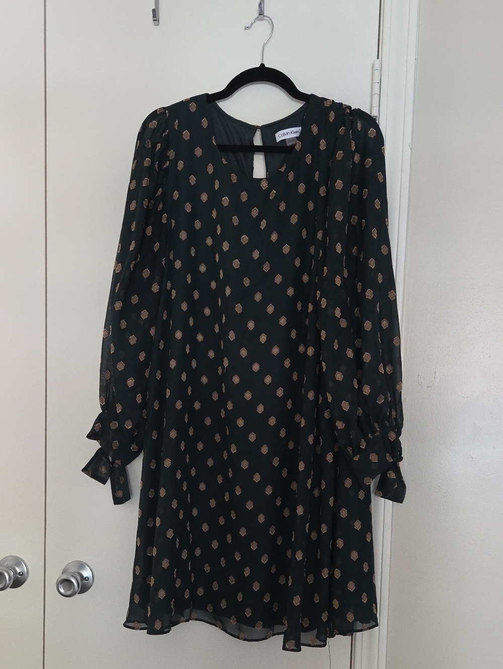 Calvin Klein Green Long-Sleeve Dress with Gold Dot Motif